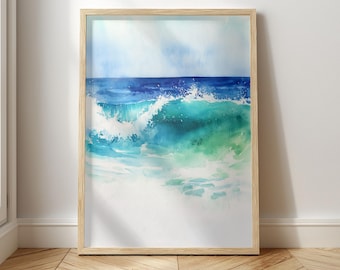 Digital Download Coastal Water Wave Aqua Blue Watercolor Art for Your Home Decor