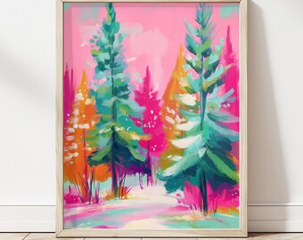Vibrant Christmas Night Sky Art - Pink Aqua - Digital Download Poster File