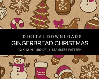 Gingerbread Christmas Seamless Pink Pattern 12x12in 300 DPI JPG Digital Paper | Holiday Cookies, Santa and Cocoa | Crafts & Sublimation
