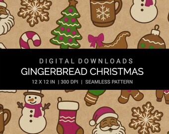 Gingerbread Christmas Seamless Pink Green Pattern 12x12in 300 DPI JPG Digital Paper | Holiday Cookies, Santa  Cocoa | Crafts & Sublimation