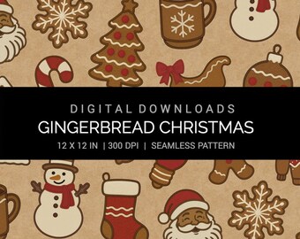 Gingerbread Christmas Seamless RED Pattern 12x12in 300 DPI JPG Digital Paper | Holiday Cookies, Santa and Cocoa | Crafts & Sublimation