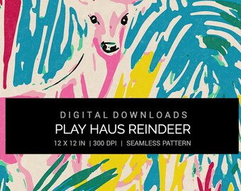 Play Haus Reindeer Seamless Pattern | 12x12in 300 DPI JPG Digital Paper | Bright and Cheery Christmas Pattern