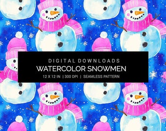 Watercolor Snowman Seamless Pattern 12x12in 300 DPI JPG Digital Paper | Pink Winter Snowmen | Christmas Crafts & Sublimation Download