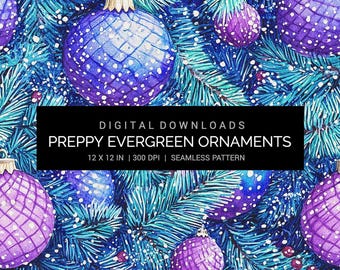 Preppy Christmas Evergreen Ornament Seamless Pattern 12x12in 300 DPI JPG Digital Paper | Holiday ORNAMENTS | Sublimation Download