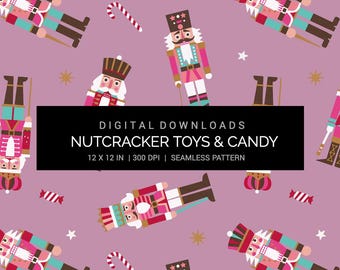 Christmas Nutcracker Toy and Candy - Purple Paper - Seamless Pattern Digital Paper