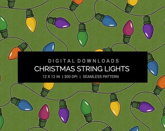 Christmas Lights Seamless Pattern | 12x12in 300 DPI JPG Digital Paper | Holiday String Lights GREEN Background | Scrapbooking & Craft