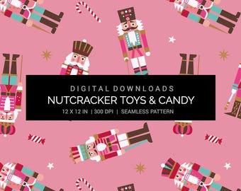 Christmas Nutcracker Toy and Candy - Pink Paper - Seamless Pattern Digital Paper