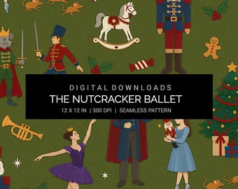 Nutcracker Ballet Seamless Pattern 12x12in 300 DPI JPG Digital Paper | Christmas Nutcracker, Clara, Sugar Plum Fairy & Holiday Crafts