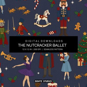 May include: A seamless pattern featuring illustrations from The Nutcracker Ballet. The design includes a ballerina, nutcracker soldier, mice, a rocking horse, and a Christmas tree on a navy blue background. The text "THE NUTCRACKER BALLET" is displayed.