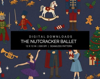 Nutcracker Ballet Seamless Pattern 12x12in 300 DPI JPG Digital Paper | Christmas Nutcracker, Clara, Sugar Plum Fairy & Holiday Crafts