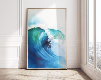 Wall Art | Surf Barrel Watercolor Wave Print Poster | Blue White | Unframed Sizes | 5X7-36X48