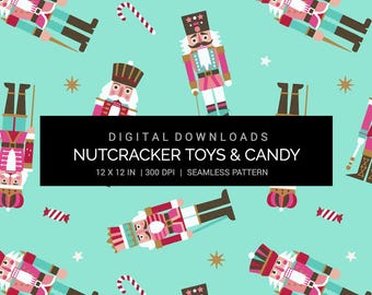 Christmas Nutcracker Toy and Candy - Aqua Paper - Seamless Pattern Digital Paper