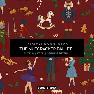 May include: A seamless pattern featuring illustrations from The Nutcracker Ballet. The design includes a nutcracker, ballerina, mice, a rocking horse, and a Christmas tree on a burgundy background. The text "THE NUTCRACKER BALLET" is displayed in a black rectangle.
