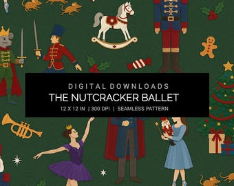 Nutcracker Ballet Seamless Pattern 12x12in 300 DPI JPG Digital Paper | Christmas Nutcracker, Clara, Sugar Plum Fairy & Holiday Crafts