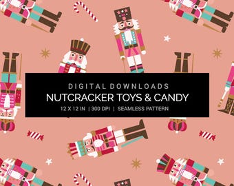 Christmas Nutcracker Toy and Candy - Peach Paper - Seamless Pattern Digital Paper