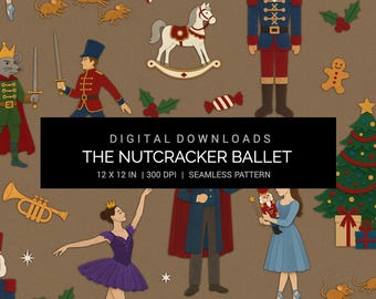 Nutcracker Ballet Seamless Pattern 12x12in 300 DPI JPG Digital Paper | Christmas Nutcracker, Clara, Sugar Plum Fairy & Holiday Crafts