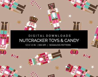 Christmas Nutcracker Toy and Candy - Tan Paper - Seamless Pattern Digital Paper