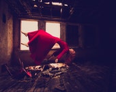 Levitating Girl in Vintage Red Dress Falling Fine Art Photo Print