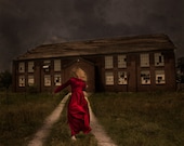 Conceptual, Girl in Vintage Red Dress Running Fine Art Photo Print