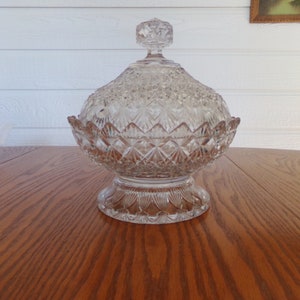 Early American Pattern Glass Covered Bowl by King, Son, and Company Fine Cut and Block Pattern 1886