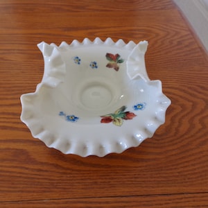 Victorian White Opaline Brides Bowl with Hand Painted Flowers