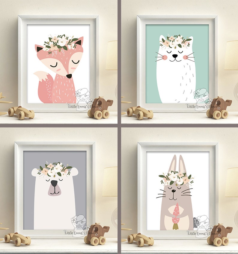 Baby girl wall decor, kids room prints, nursery art, woodland nursery decor girl, poster with animals fox, bear, pastel colors  7 