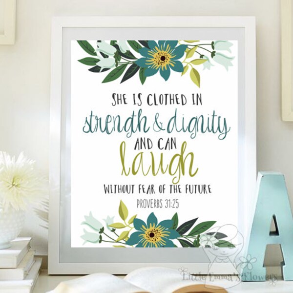 Bible verse print for kids, she is clothed in strength and dignity christian wall art, mint nursery decor, proverbs 31 25 116-117