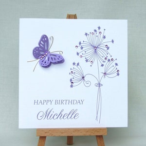Personalised birthday card, lilac floral card, lilac butterfly card, handmade birthday card, greeting card, UK seller