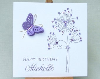 Personalised birthday card, lilac floral card, lilac butterfly card, handmade birthday card, greeting card, UK seller