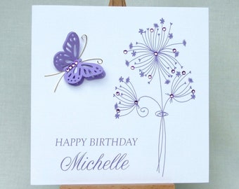 Personalised Lilac Butterfly Birthday Card, Handmade Floral Greeting Card