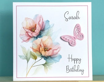 Personalised birthday card, floral birthday card, handmade birthday card, abstract peonies birthday card, pink butterfly birthday card