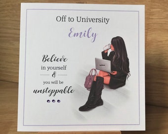 Personalised Off to University card, Off to Uni, Good luck at University, Going to University with a choice of 8 hair/skin tones