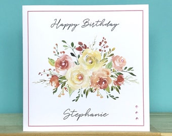 Personalised birthday card, handmade birthday card, pink & cream bouquet card, floral birthday card, birthday card for her