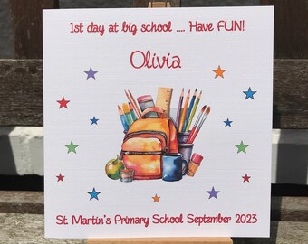 Personalised first day at school card RED text, 1st day at school, 1st day at nursery, back to school card, new school card, school bag card