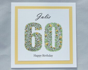 Personalised handmade 60th birthday card, yellow floral birthday card, birthday card for her, female birthday card, ANY age birthday card