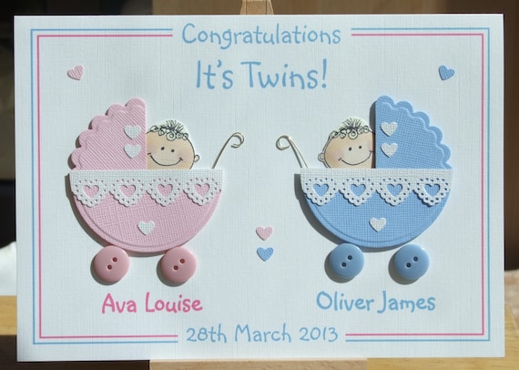 Personalised Handmade 3D Twins Congratulations Card, New Baby Twins