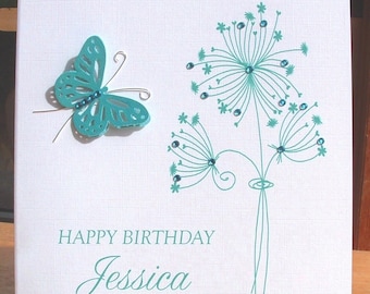 Personalised card, birthday card, floral birthday card, butterfly birthday card, teal birthday card, handmade card, greeting card, UK seller