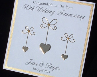 Personalised 50th Anniversary Card, Golden Hearts, Handmade