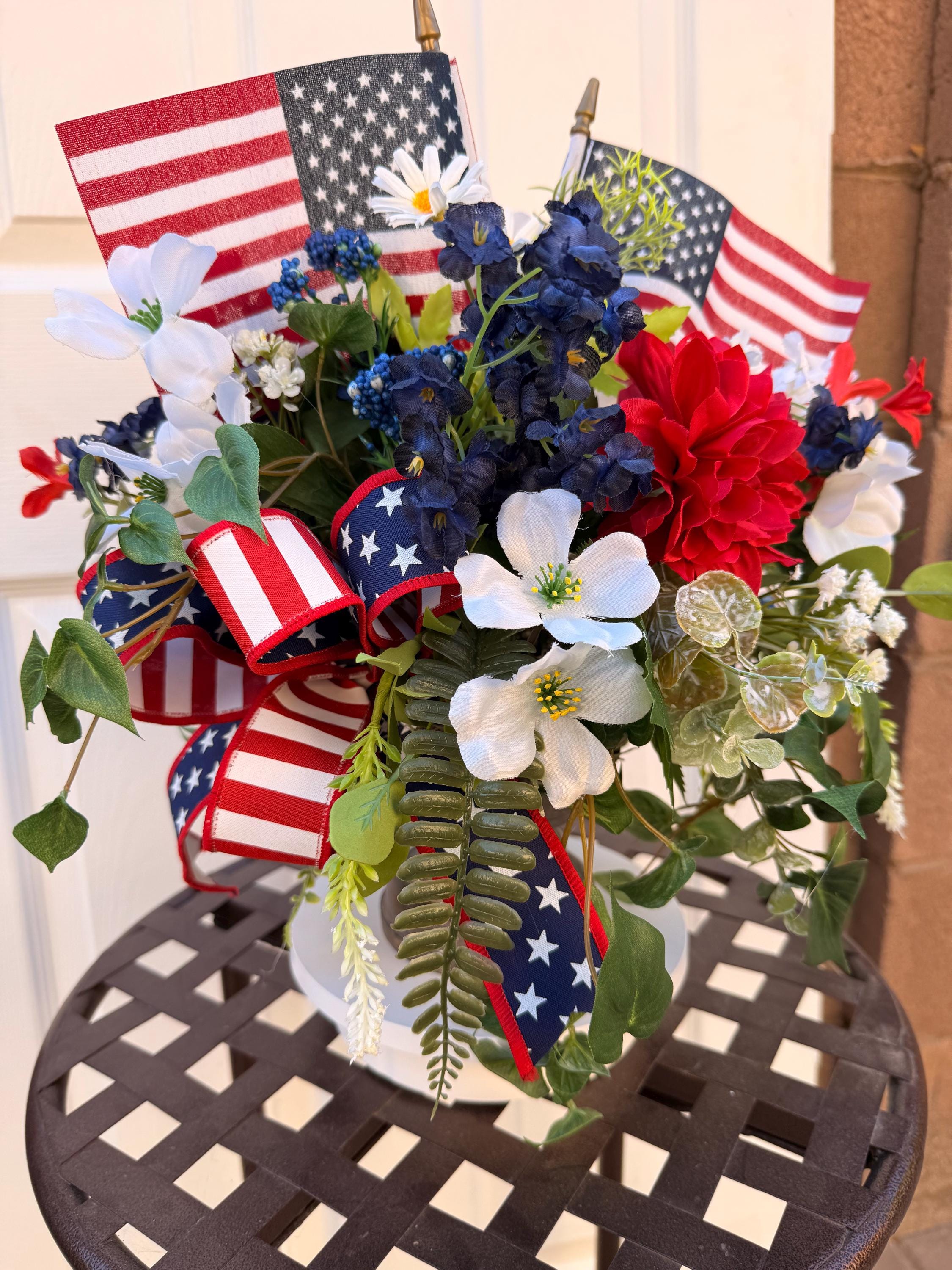 Patriotic Floral Arrangement With Flags, Red, White, and Blue Table ...