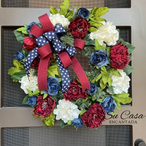 Patriotic Floral Wreath: Americana Burgundy, Navy, Cream Decor