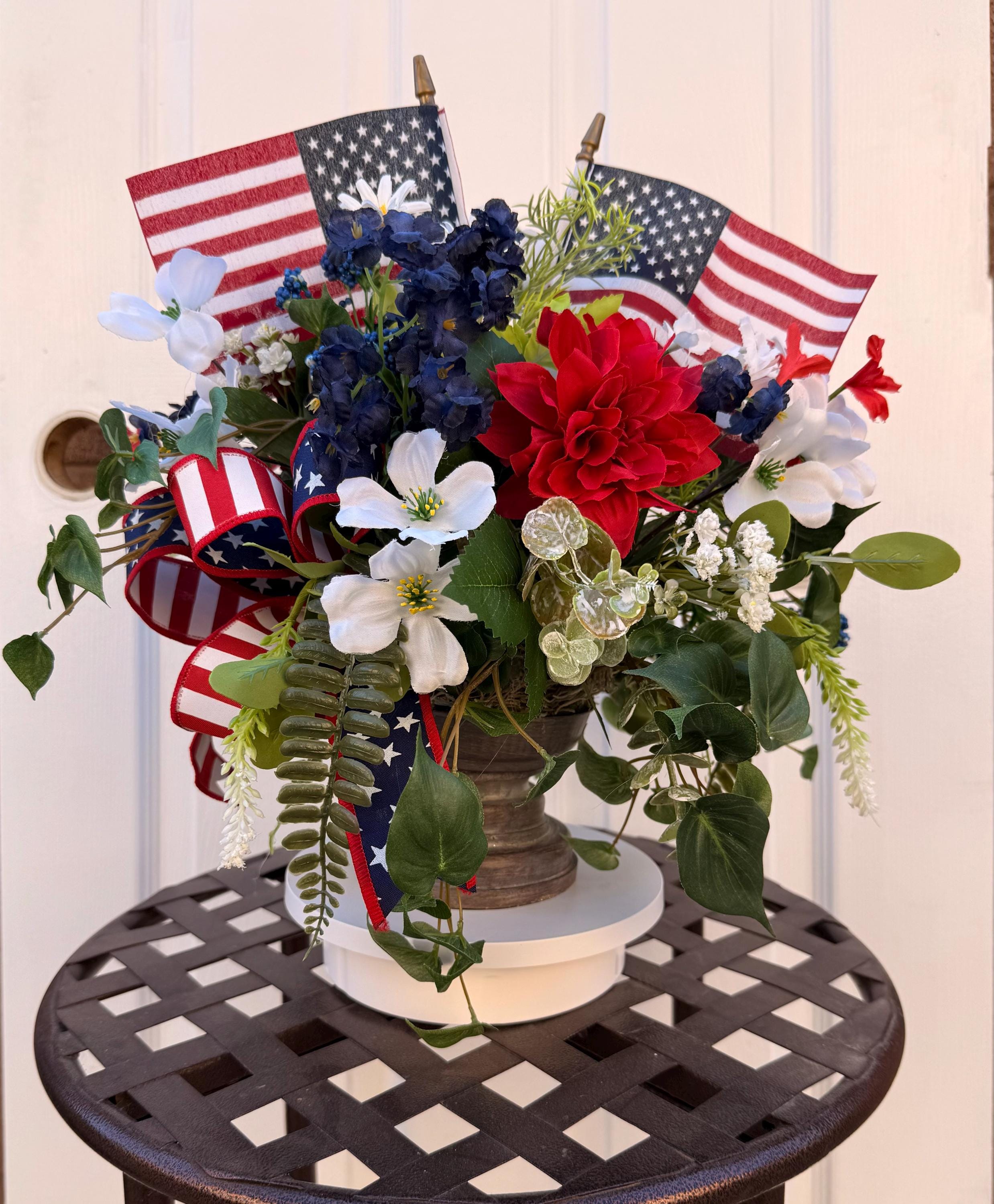 Patriotic Floral Arrangement With Flags, Red, White, and Blue Table ...