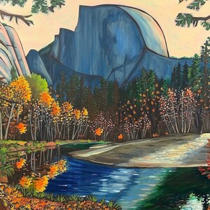 May include: A painting of a mountain range with a river in the foreground. The mountain range is blue and gray, and the river is blue and green. The trees in the foreground are green and yellow.