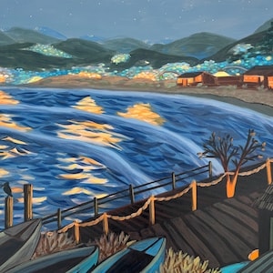 May include: A painting of a nighttime scene with a wooden dock extending over a body of water. The water is a deep blue with yellow reflections of light. In the distance, there are buildings with lights on, and a mountain range behind them. The sky is dark blue with stars.