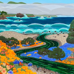 May include: A painting of a coastal landscape with a winding green creek flowing through a field of orange and blue wildflowers. The creek flows into a blue ocean with white waves crashing on the shore. The background features a misty green hillside.