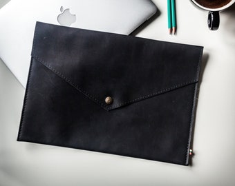 Laptop sleeve case/ Black document folder /Genuine leather envelope folio/ Handmade document case Documents holder/ Business gift