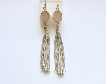 Golden druzy stone dangle earrings  & Silk thread