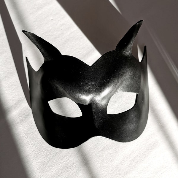 Black Leather Demon Joker Devil Half Mask with Horns, Erotic, Sexy, Handmade UK