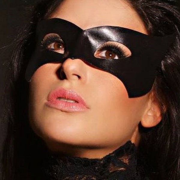 Feline slim black Leather Eye Mask, Sexy Erotic Fantasy Mask,  Handmade, Cat Devil Masquerade, Masked Ball Mask