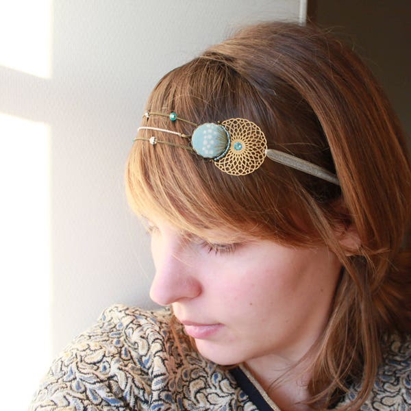 Asian wedding headband. headband convertible necklace. rose gold triple chains. Japanese snow blue white and gold