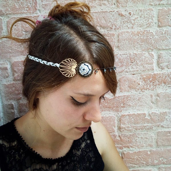 water lily leaf headband. headband convertible necklace. Gold grey black white Arab inspired